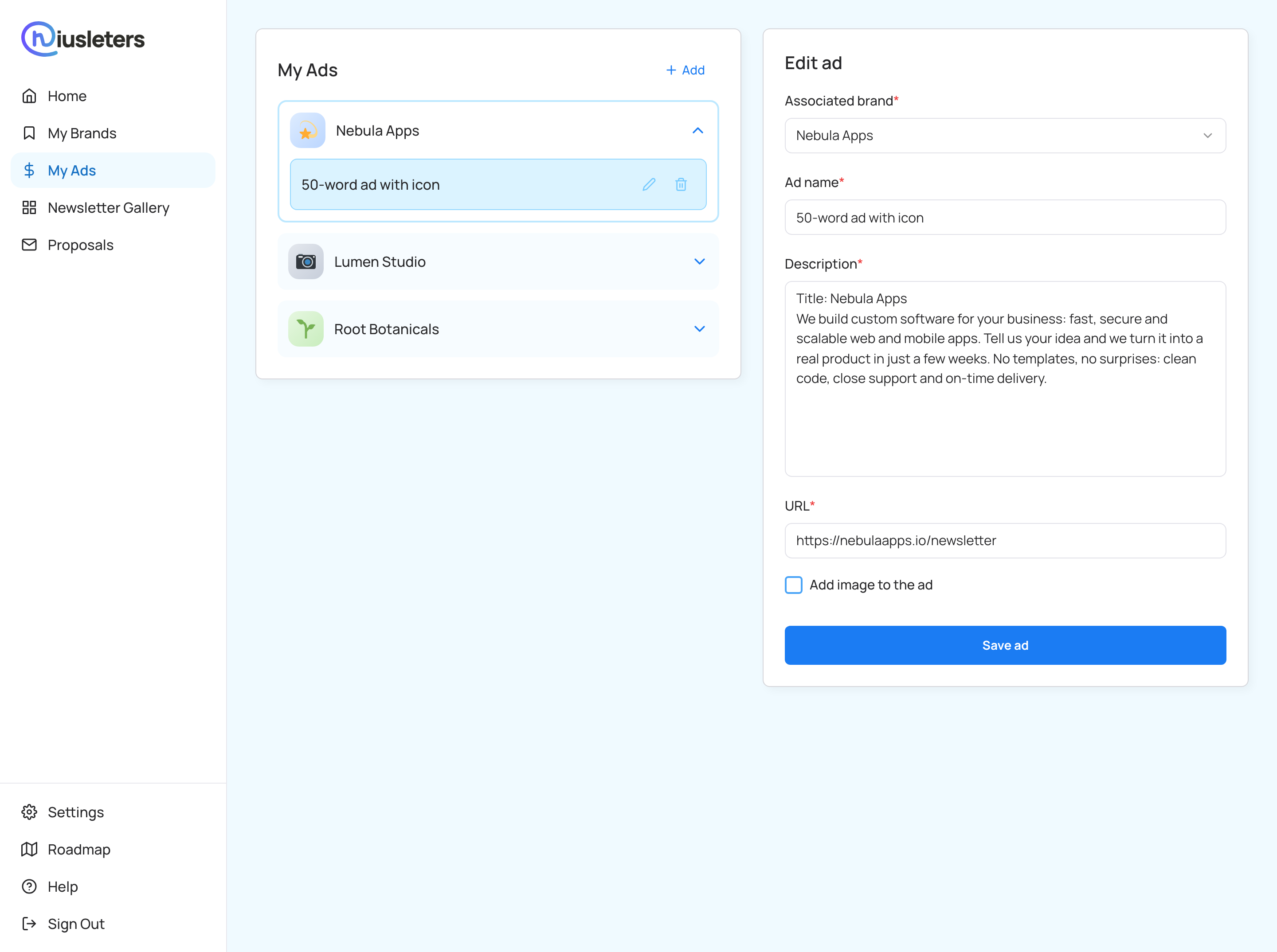 Optional: Add the ad you'll publish in newsletters
