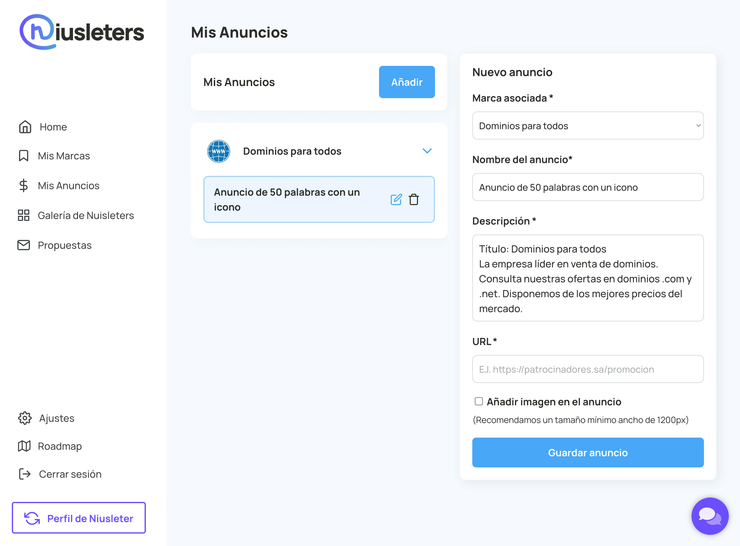 Opcional: Añade el anuncio que publicarás en las newsletters
