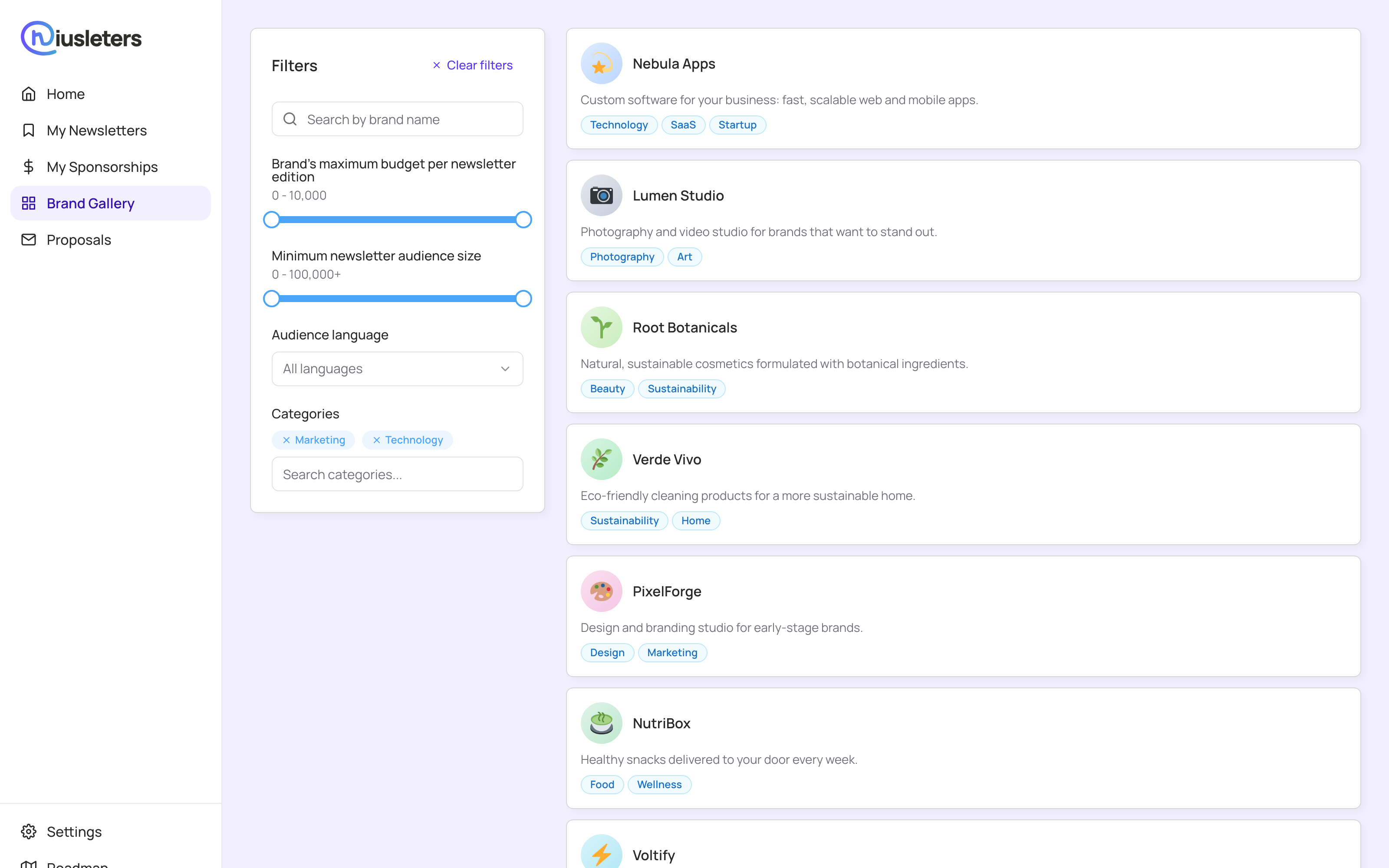 Niusleters platform dashboard