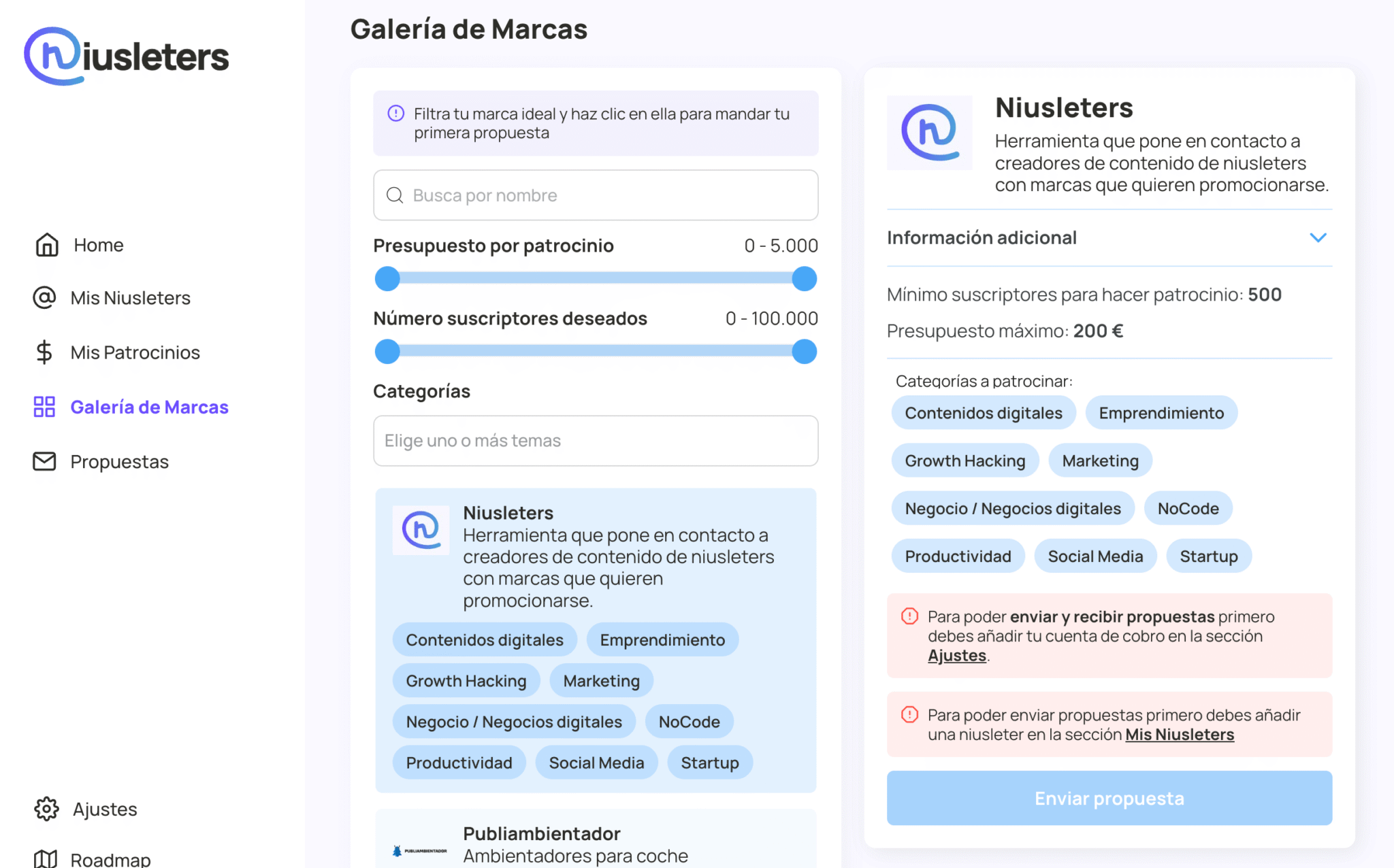 Panel de la plataforma Niusleters